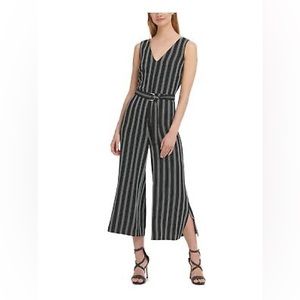 DKNY black striped v neck cropped jumpsuit